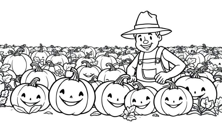 Een boer op een kleurplaat van een pompoenveld met lachende pompoenen.