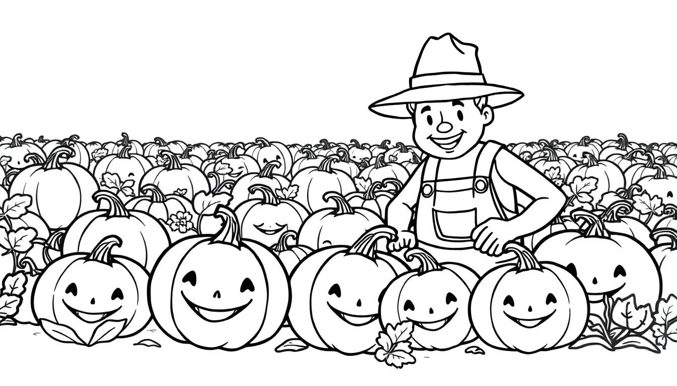 Een boer op een kleurplaat van een pompoenveld met lachende pompoenen.