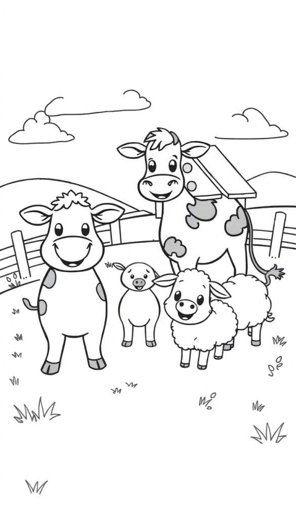 Kleurplaat van boerderijdieren in een veld.