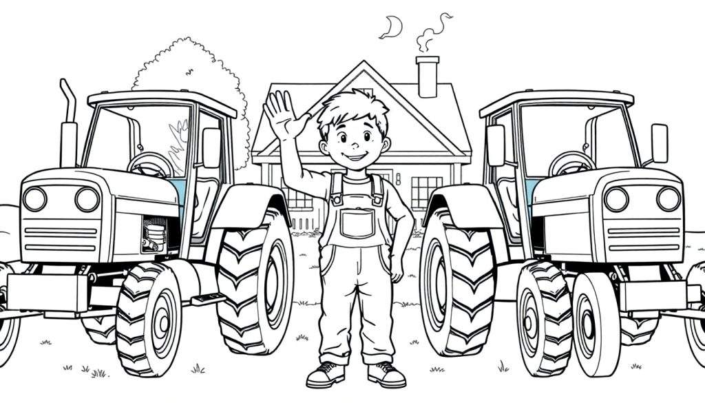 Kleurplaat van een jongen met twee tractoren en een boerderij.