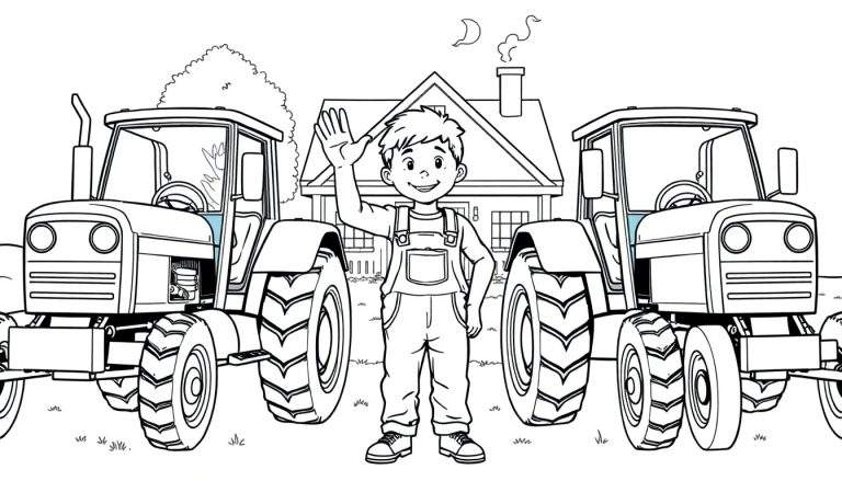 Kleurplaat van een jongen met twee tractoren en een boerderij.