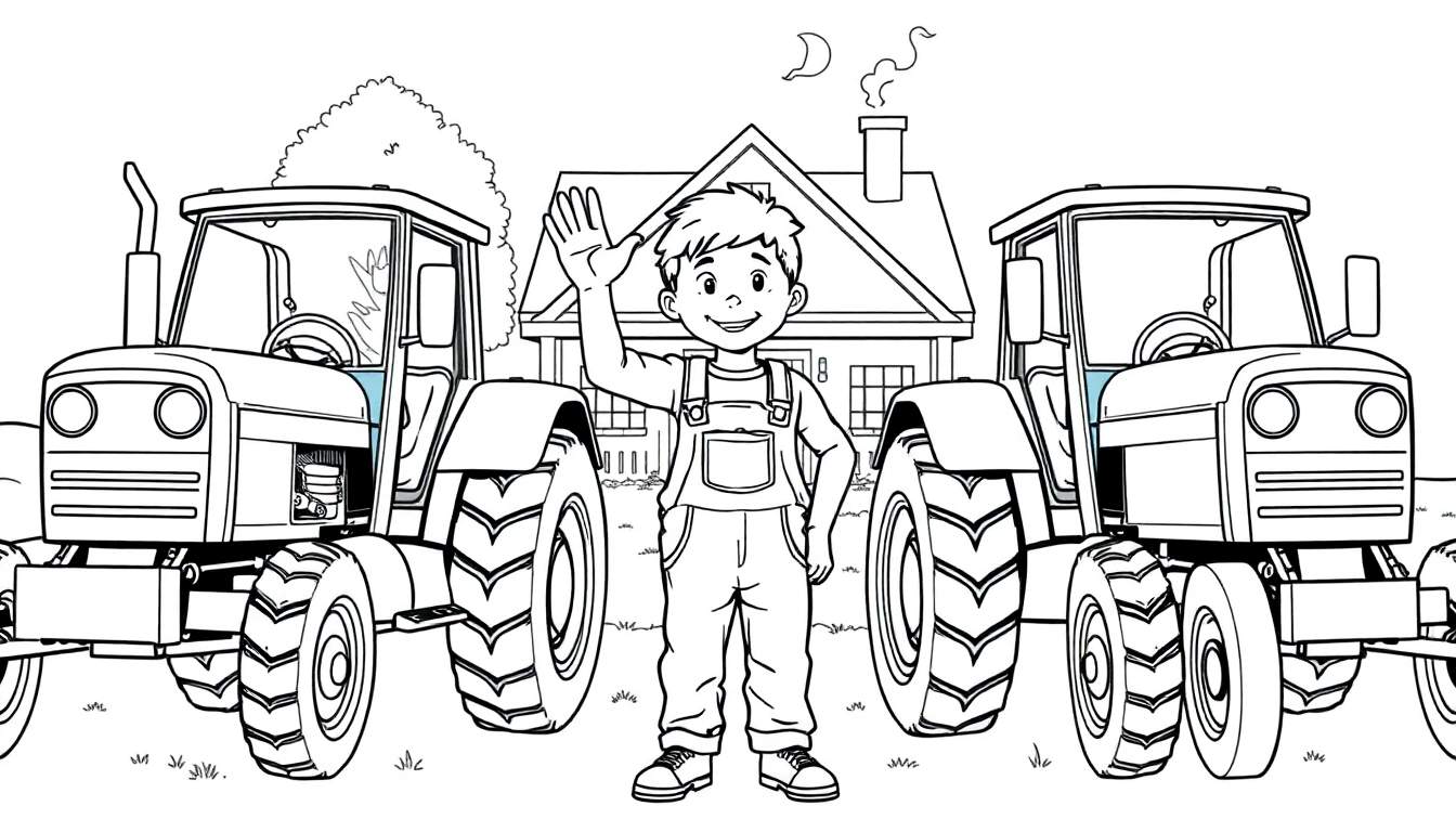 Kleurplaat van een jongen met twee tractoren en een boerderij.