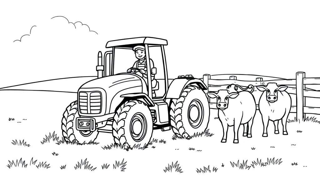 Kleurplaat van een boer op een tractor met koeien bij een hek.
