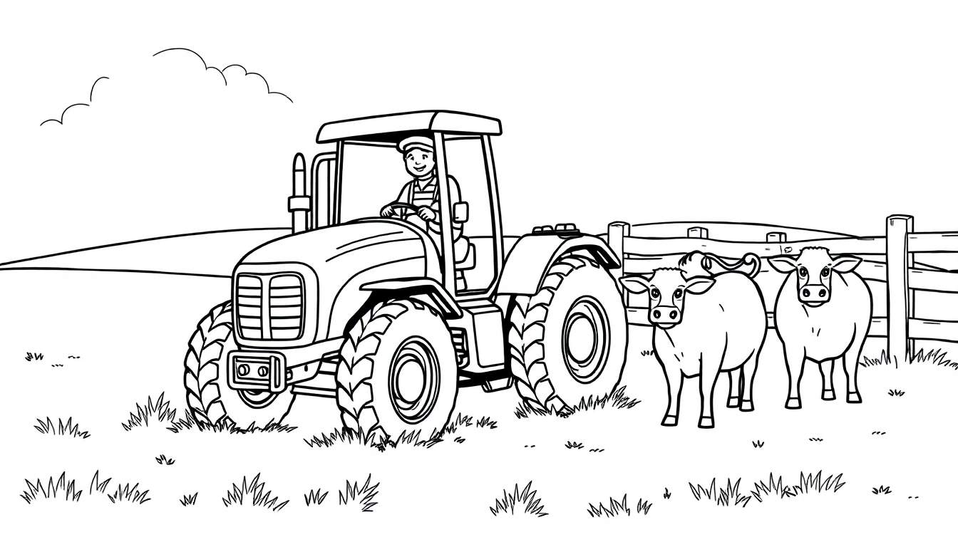 Kleurplaat van een boer op een tractor met koeien bij een hek.
