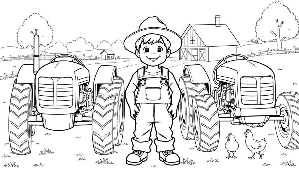Kleurplaat: Een jongen in boerenkleding staat tussen twee tractoren op een boerenerf.