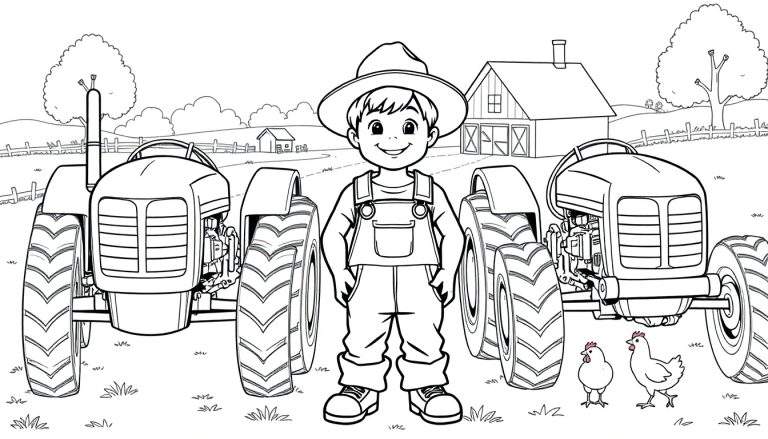 Kleurplaat: Een jongen in boerenkleding staat tussen twee tractoren op een boerenerf.