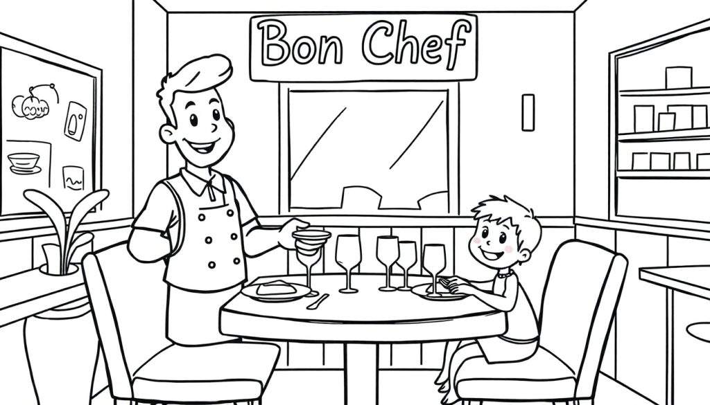 Kleurplaat van restaurant Bon Chef met ober en jongen aan tafel.