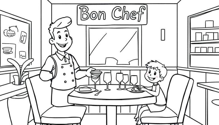 Kleurplaat van restaurant Bon Chef met ober en jongen aan tafel.