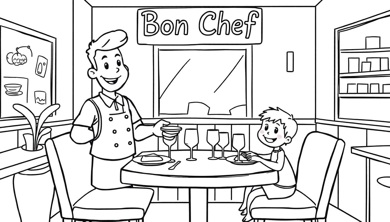 Kleurplaat van restaurant Bon Chef met ober en jongen aan tafel.