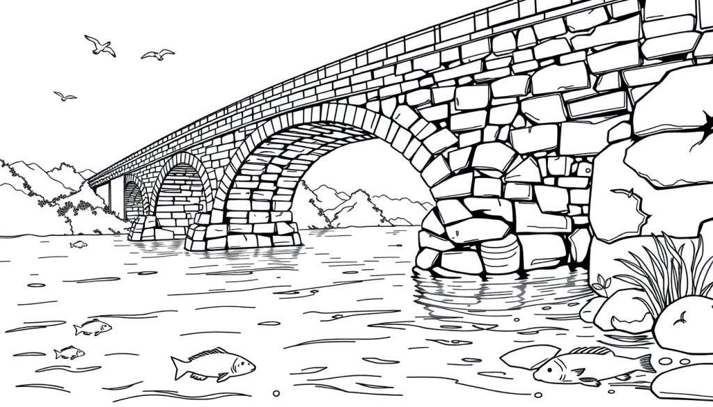 Een zwart-wit kleurplaat van een boogbrug over een rivier.