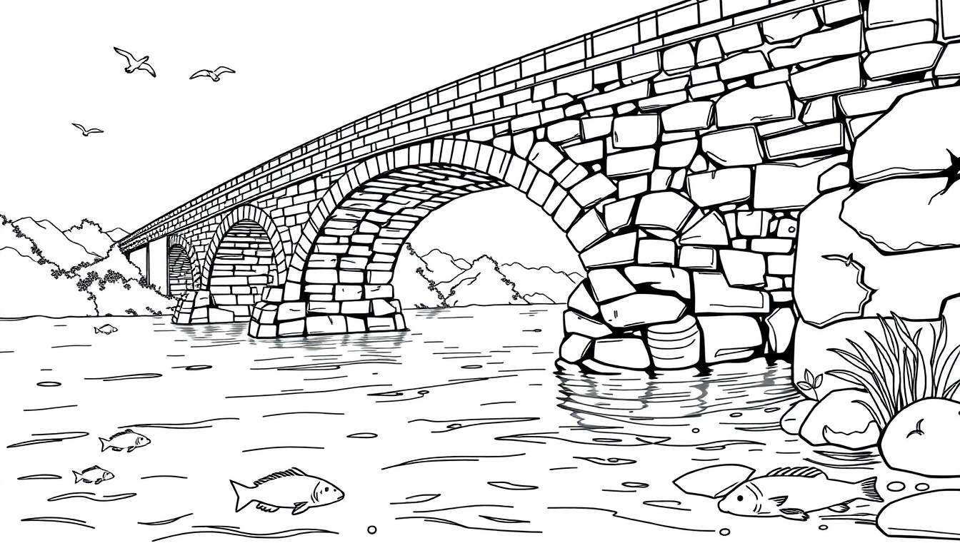 Een zwart-wit kleurplaat van een boogbrug over een rivier.