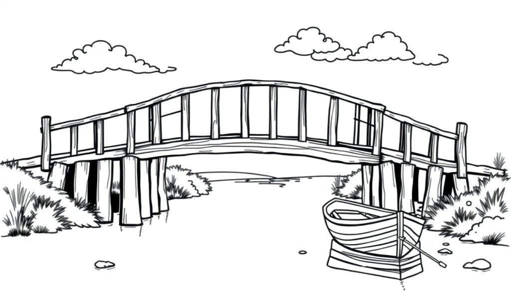 Een zwart-witte kleurplaat van een boogbrug over een rivier met een bootje.