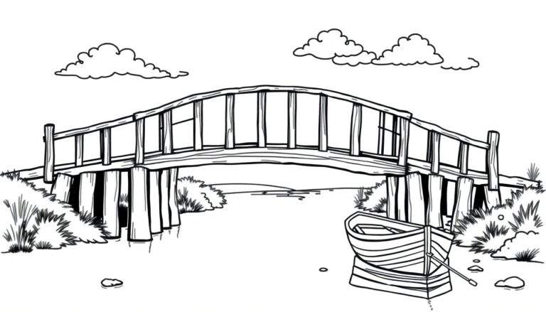 Een zwart-witte kleurplaat van een boogbrug over een rivier met een bootje.