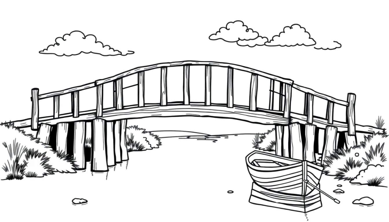 Een zwart-witte kleurplaat van een boogbrug over een rivier met een bootje.