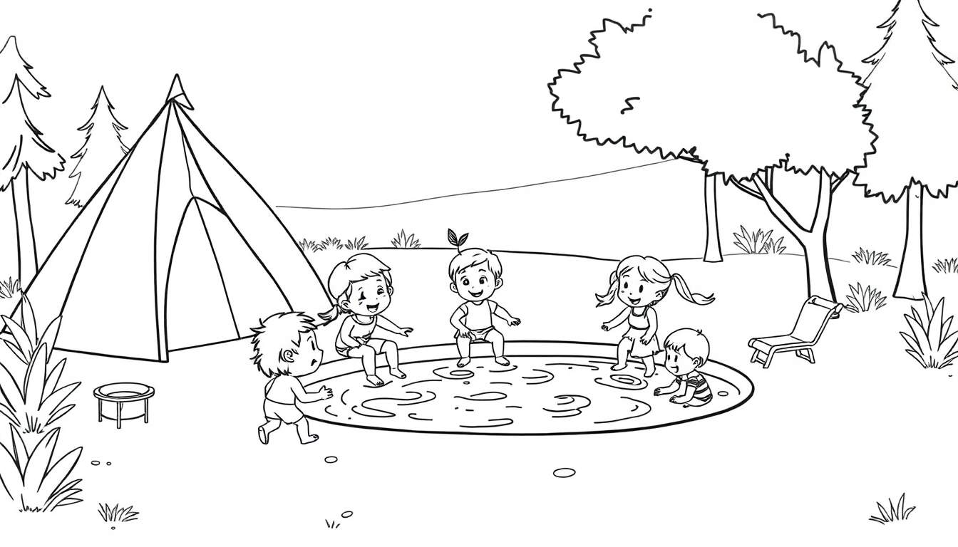 Zwart-wit kleurplaat van vijf kinderen die vrolijk in een plas spelen in een bos, met een tent en stoel op de achtergrond.