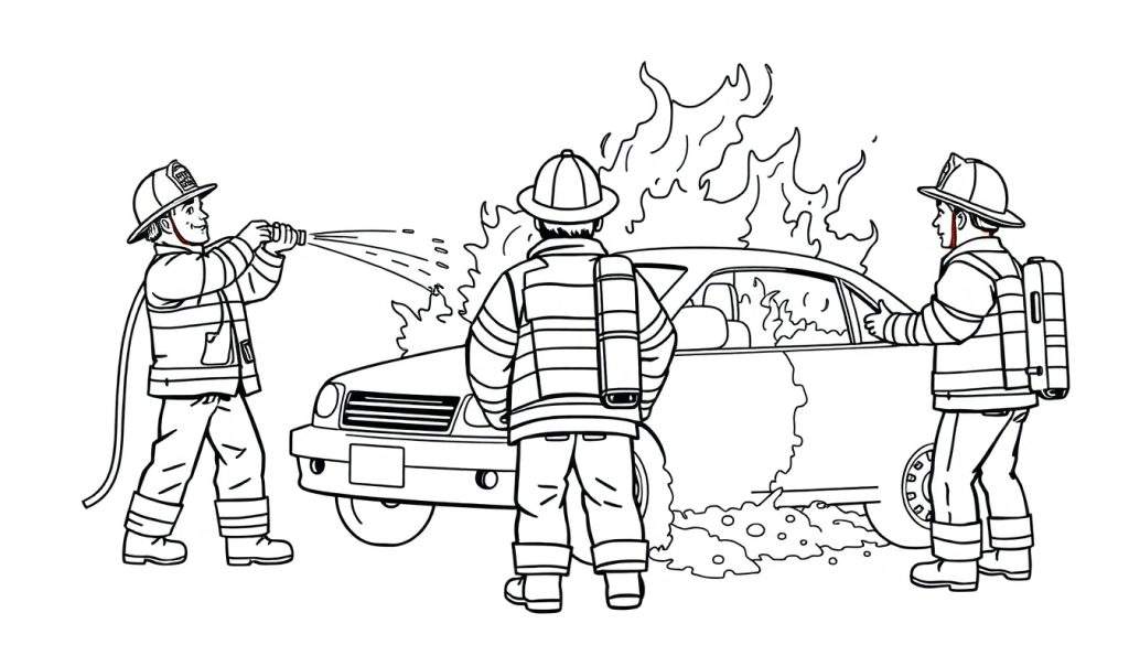 Kleurplaat van drie brandweermannen die een autobrand blussen.