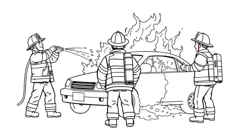 Kleurplaat van drie brandweermannen die een autobrand blussen.