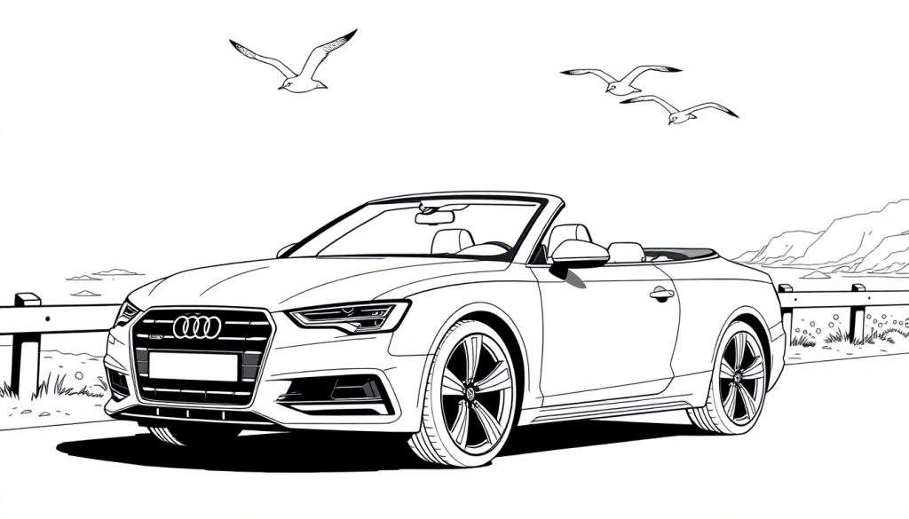 Kleurplaat van een Audi A6 Cabriolet aan de kust met meeuwen.