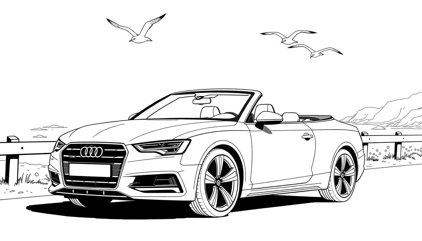 Kleurplaat van een Audi A6 Cabriolet aan de kust met meeuwen.