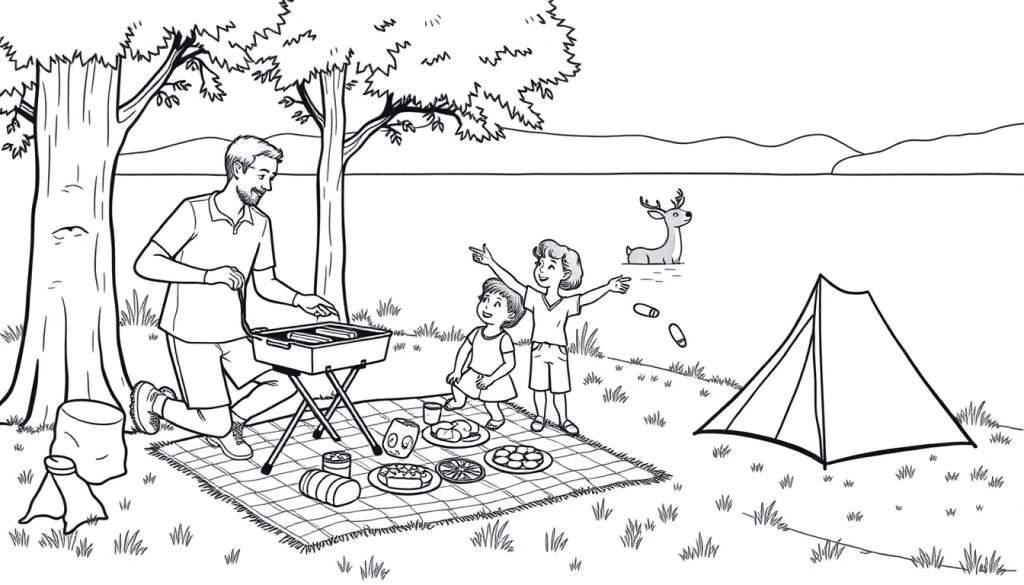 Een zwart-witte kleurplaat van een kampeerfamilie bij een meer met een hert.