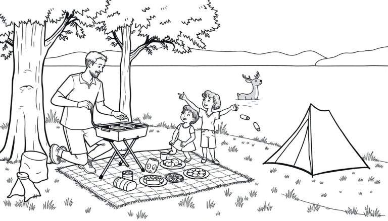 Een zwart-witte kleurplaat van een kampeerfamilie bij een meer met een hert.