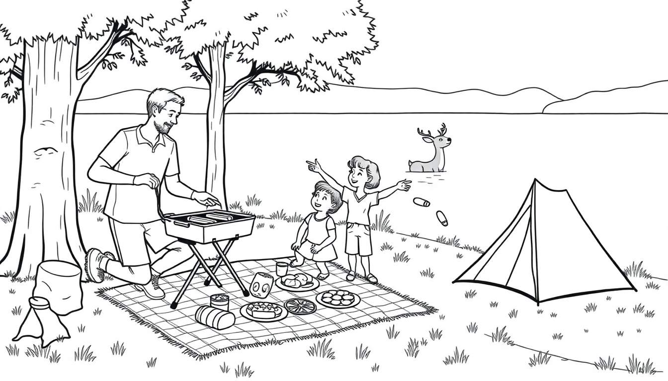 Een zwart-witte kleurplaat van een kampeerfamilie bij een meer met een hert.