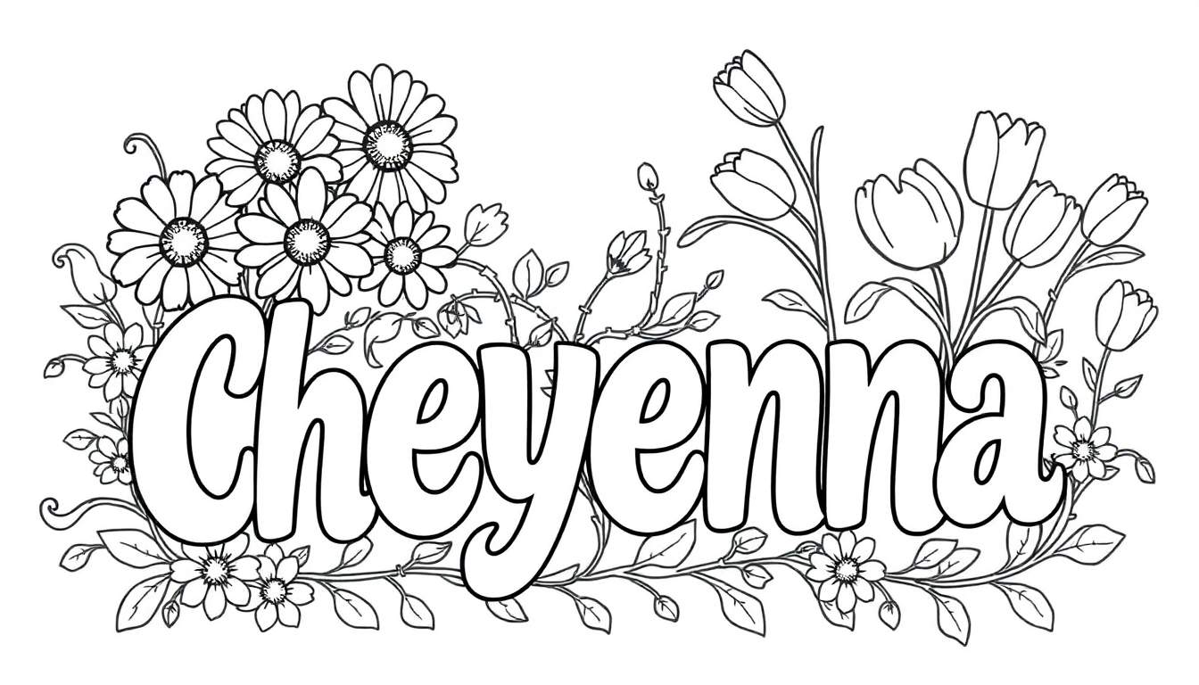 Zwart-wit lijntekening van de naam Cheyenna omringd door bloemen, perfect als kleurplaat.