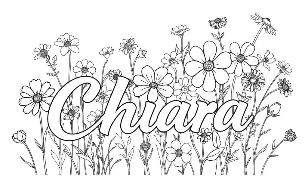 Kleurplaat met de naam Chiara omringd door bloemen.