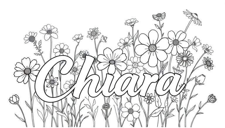 Kleurplaat met de naam Chiara omringd door bloemen.