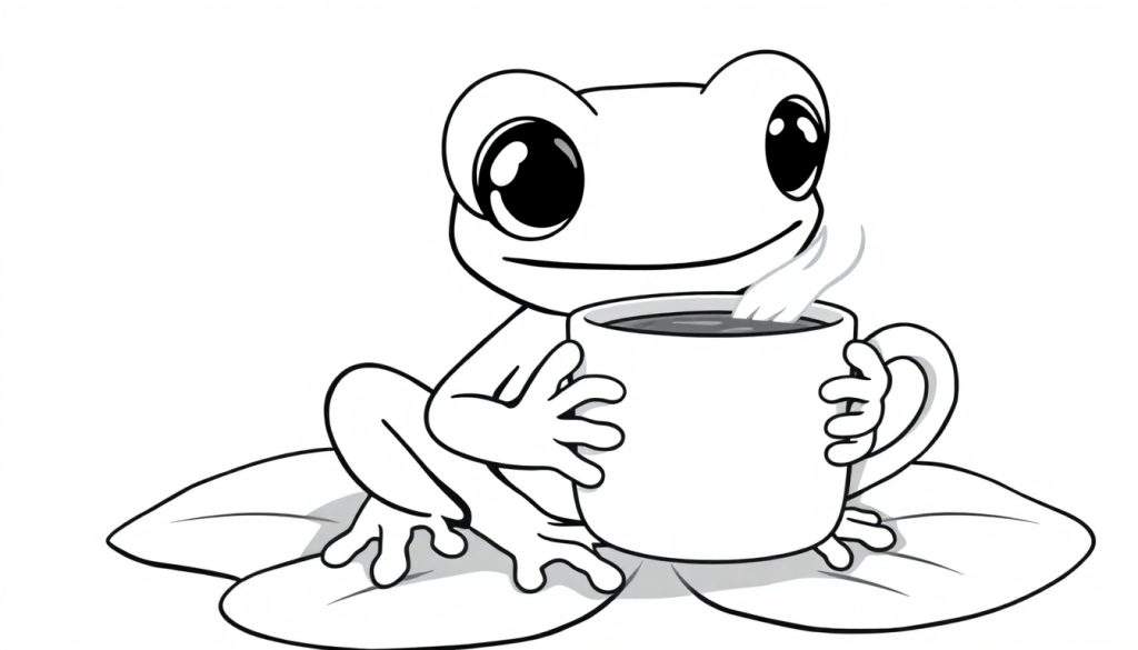 Een schattige baby gifkikker kleurplaat die een warme chocomelk drinkt.