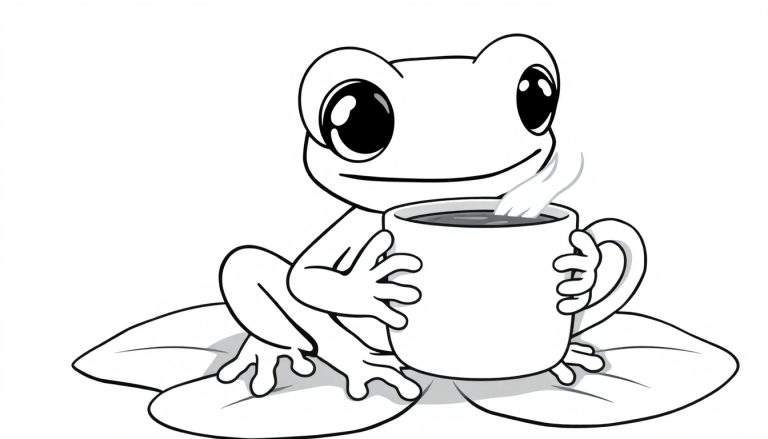 Een schattige baby gifkikker kleurplaat die een warme chocomelk drinkt.