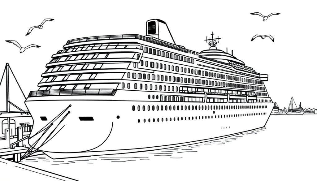 Zwart-wit kleurplaat van een cruiseschip in de haven.