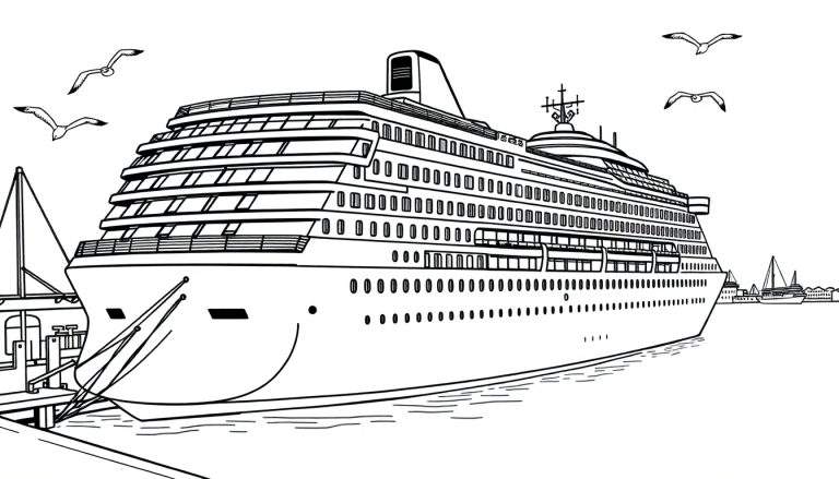 Zwart-wit kleurplaat van een cruiseschip in de haven.