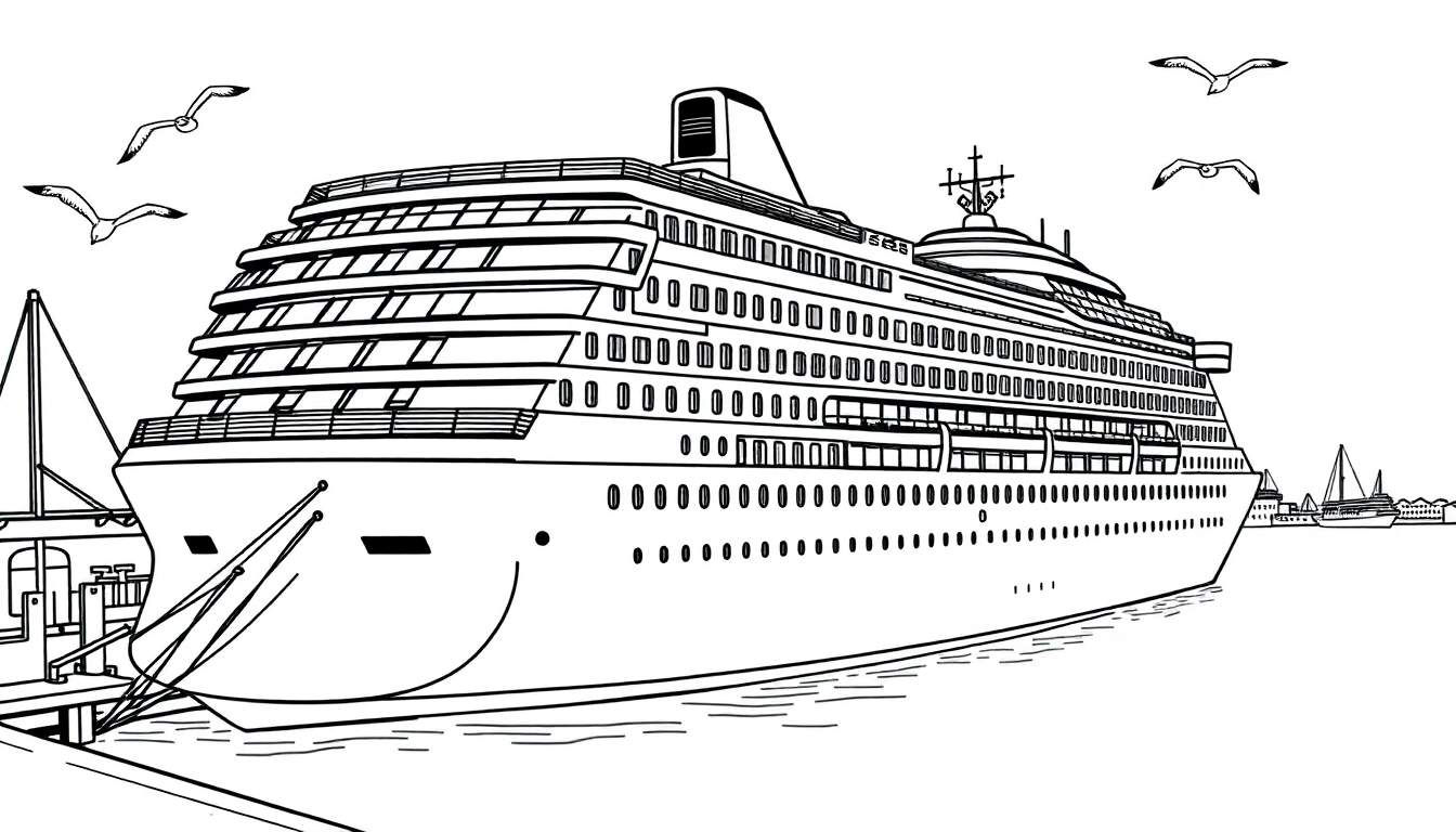 Zwart-wit kleurplaat van een cruiseschip in de haven.