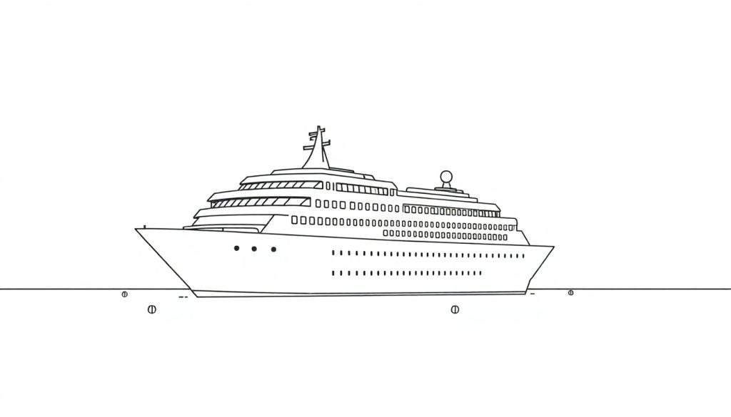 Een zwart-witte kleurplaat van een cruiseschip in de haven met een horizonlijn.