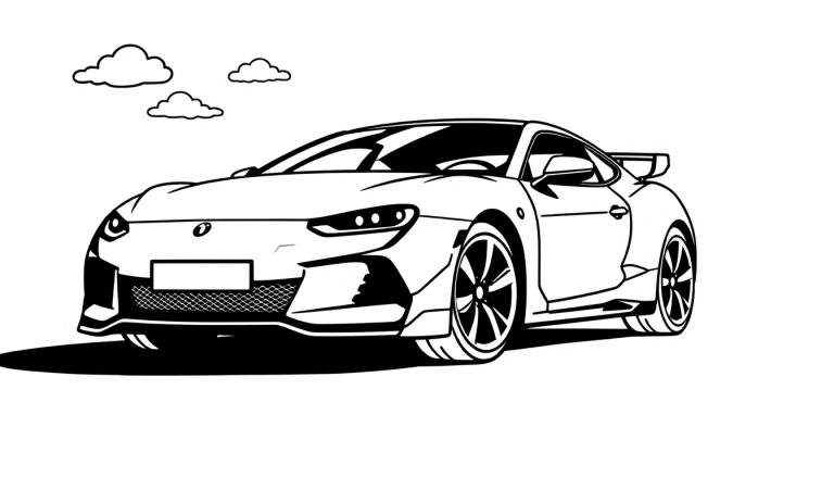 Zwart-witte kleurplaat van een sportwagen met wolken erboven.