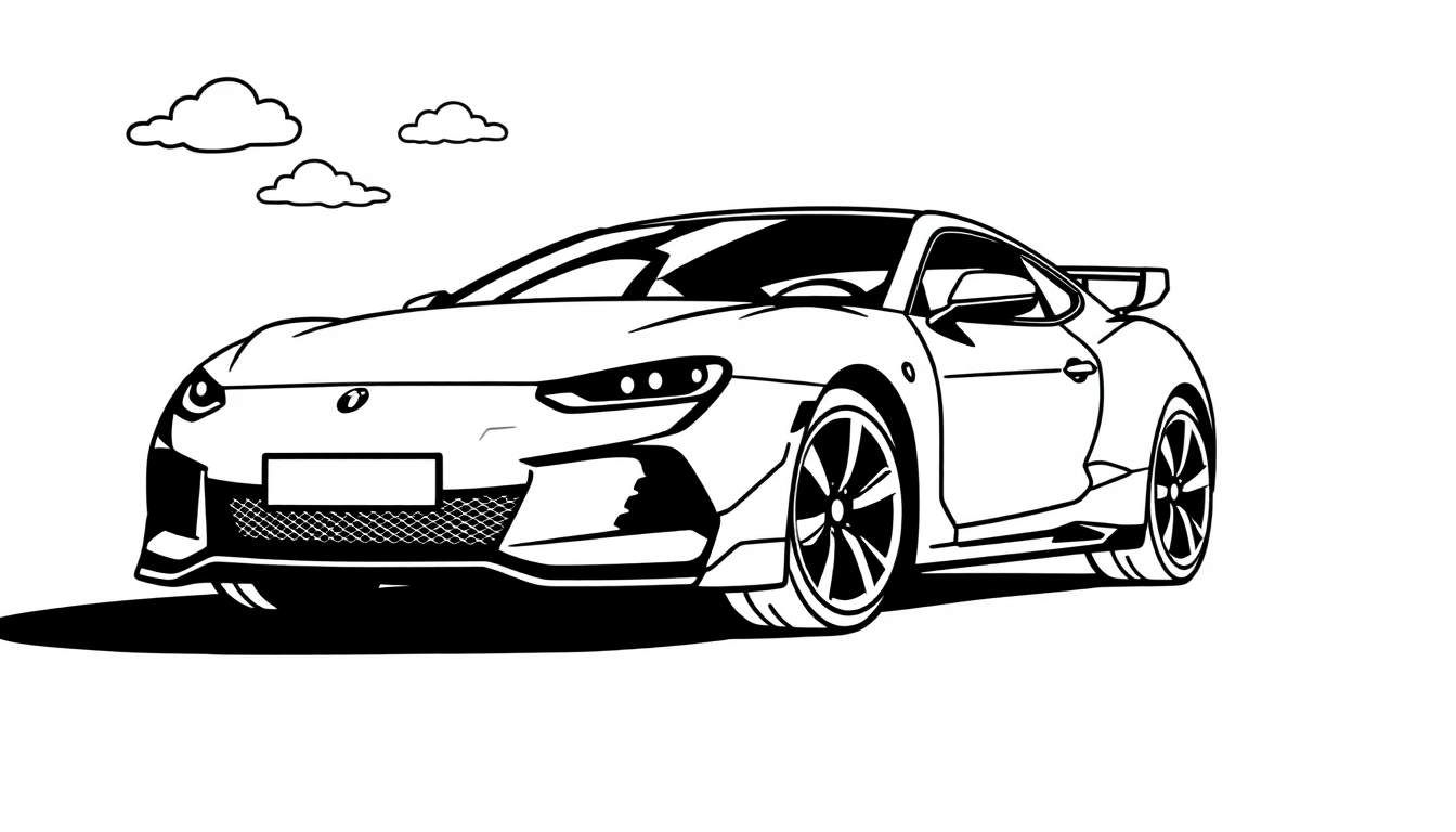 Zwart-witte kleurplaat van een sportwagen met wolken erboven.