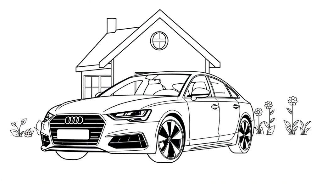 Kleurplaat van een Audi A6 voor een huis met bloemen.