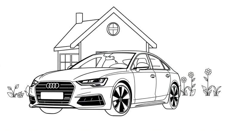 Kleurplaat van een Audi A6 voor een huis met bloemen.