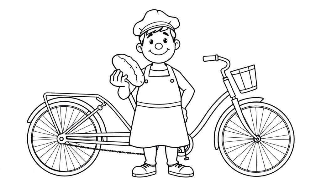 Zwart-witte kleurplaat van een blije bakker met een brood op zijn fiets.
