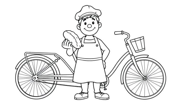 Zwart-witte kleurplaat van een blije bakker met een brood op zijn fiets.