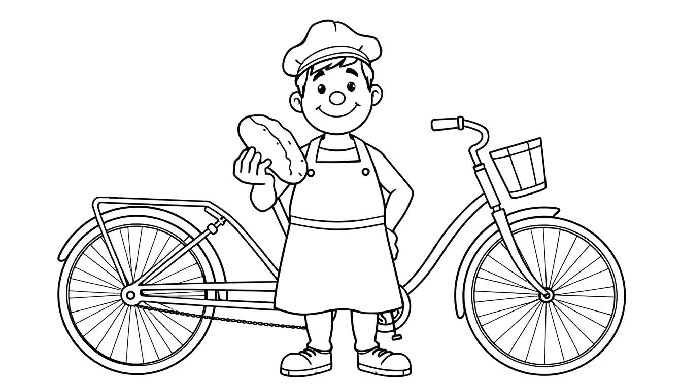 Zwart-witte kleurplaat van een blije bakker met een brood op zijn fiets.