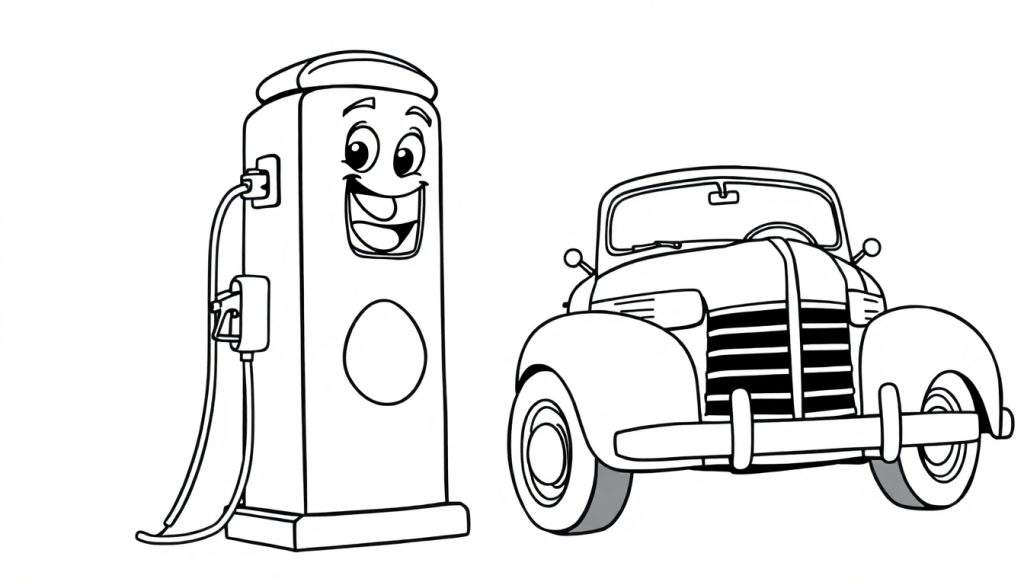 Kleurplaat van een lachende benzinepomp en een oude auto