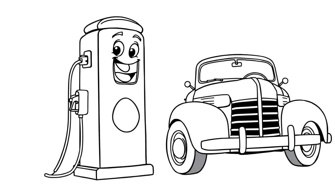 Kleurplaat van een lachende benzinepomp en een oude auto
