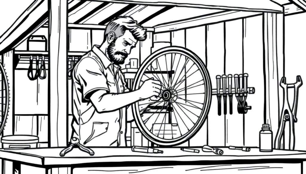 Een zwart-wit kleurplaat van een vriendelijke fietsenmaker met een baard die een fietswiel repareert in zijn werkplaats, omringd door gereedschap.