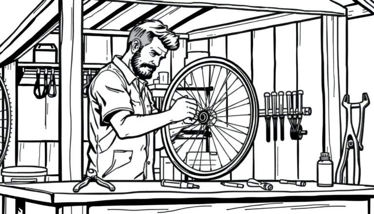 Een zwart-wit kleurplaat van een vriendelijke fietsenmaker met een baard die een fietswiel repareert in zijn werkplaats, omringd door gereedschap.