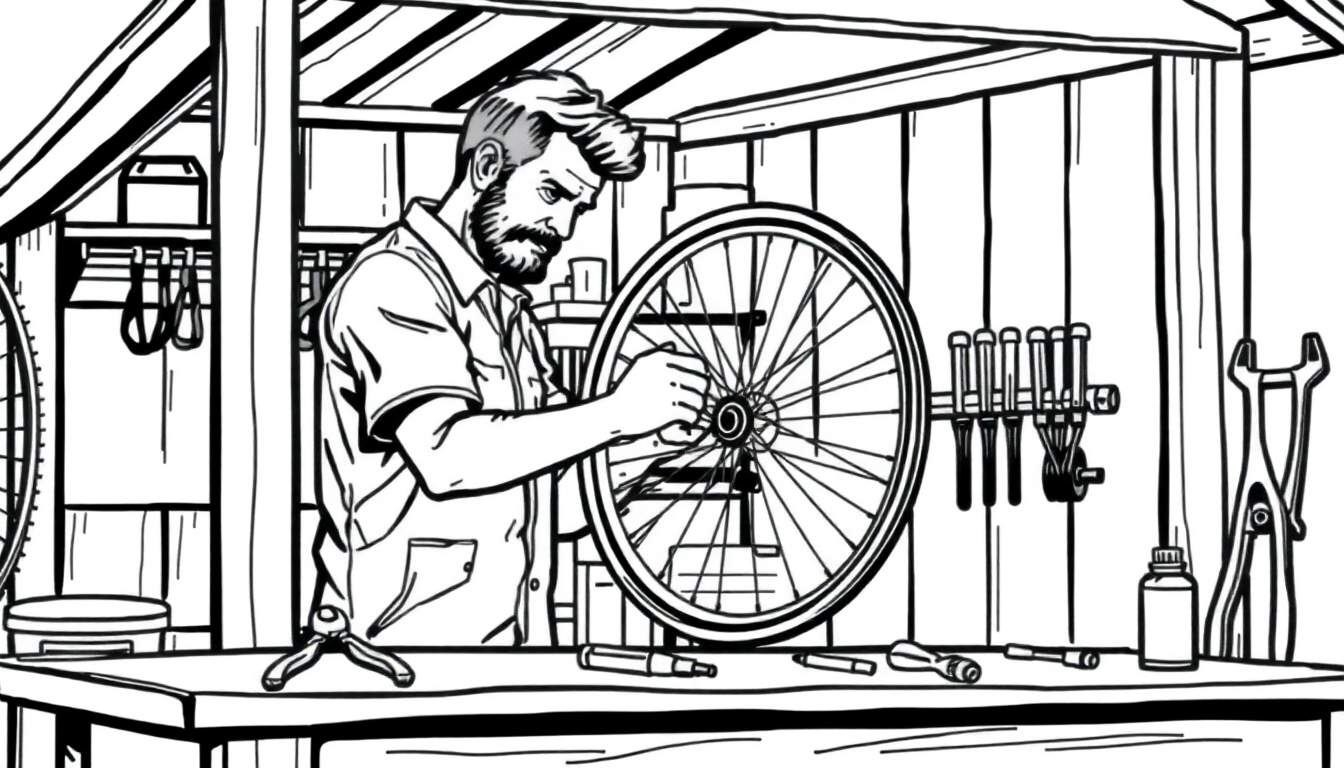 Een zwart-wit kleurplaat van een vriendelijke fietsenmaker met een baard die een fietswiel repareert in zijn werkplaats, omringd door gereedschap.
