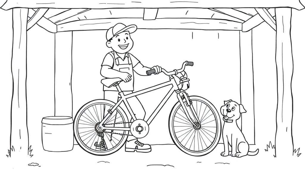 Kleurplaat van een fietsenmaker met zijn hond onder een afdak.