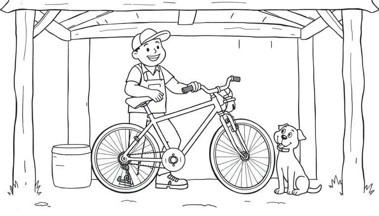 Kleurplaat van een fietsenmaker met zijn hond onder een afdak.