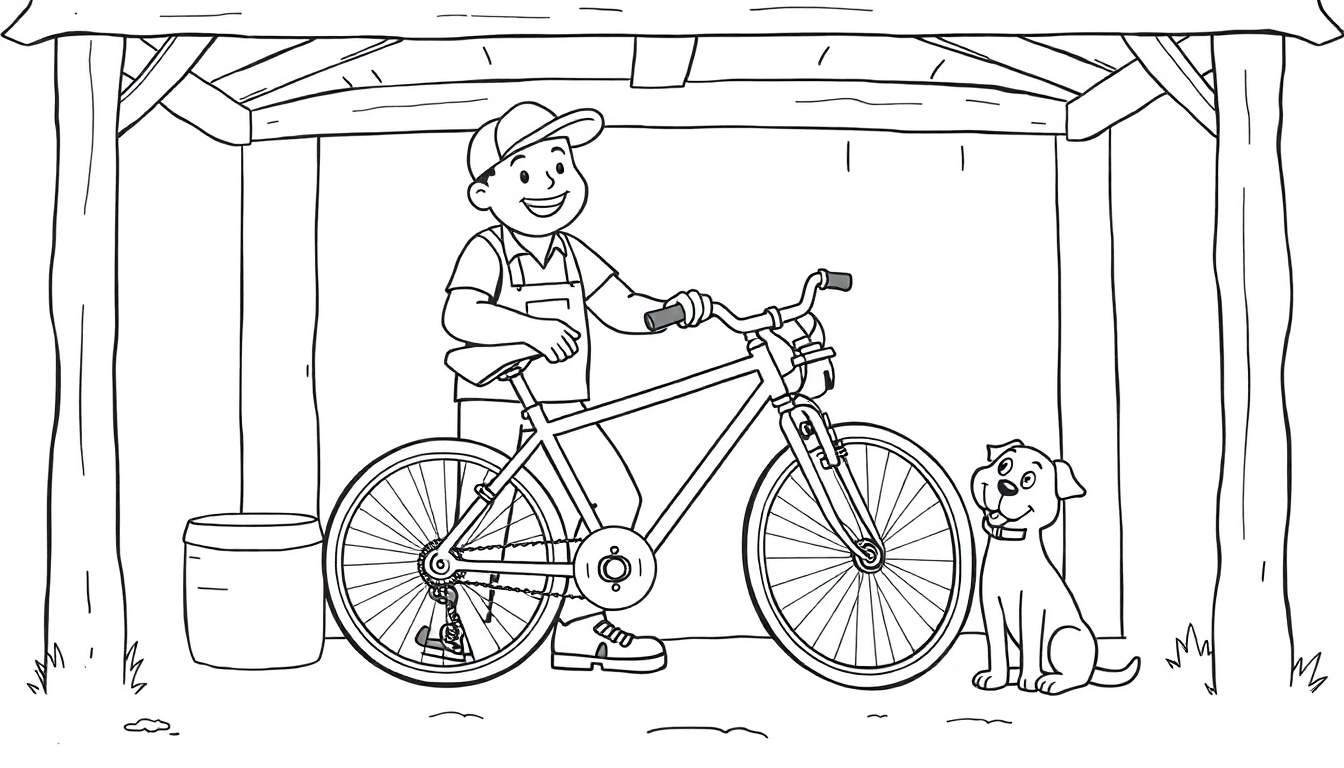 Kleurplaat van een fietsenmaker met zijn hond onder een afdak.